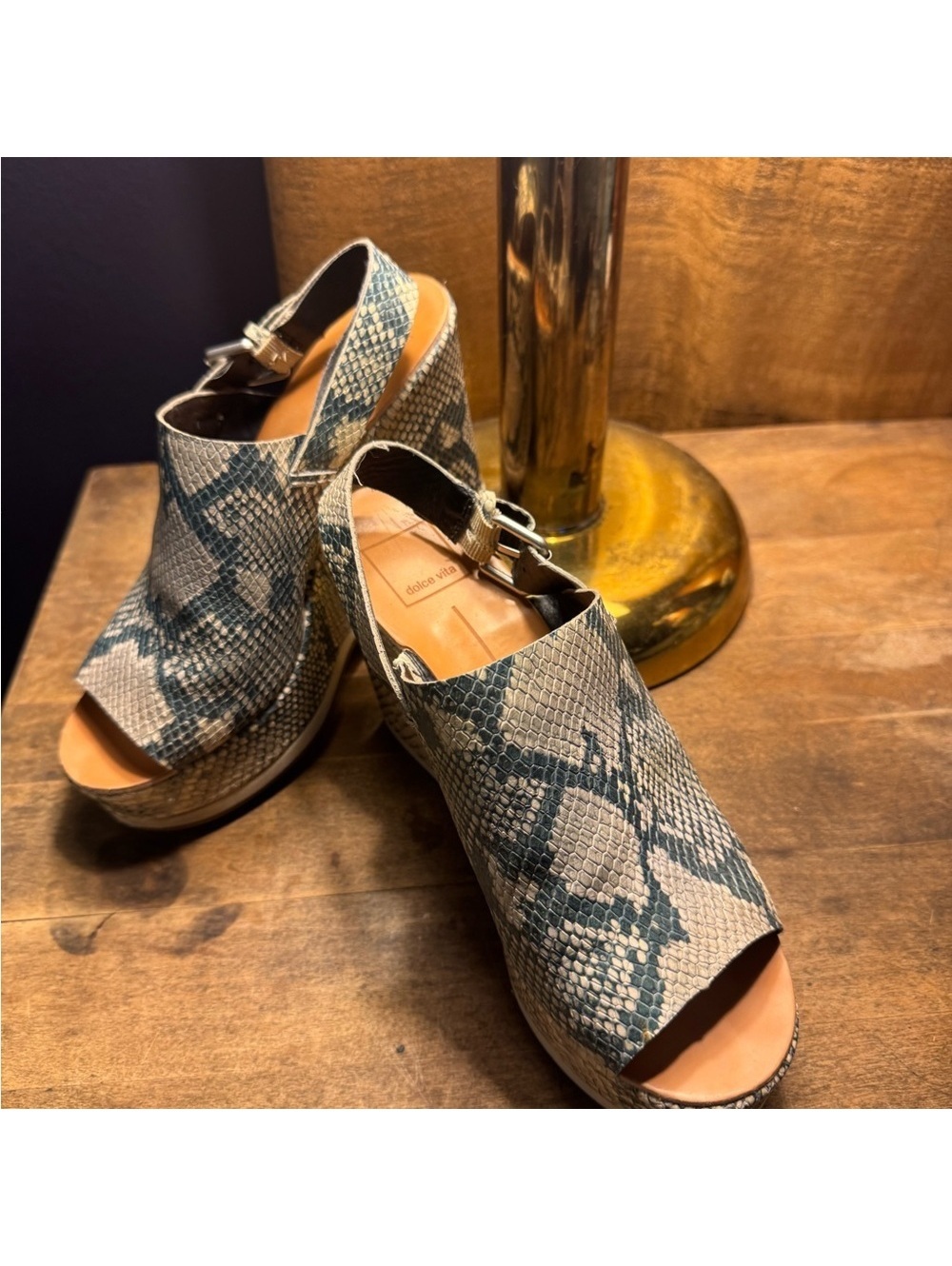 Dolce Vita Green and Cream Snakeskin Wedges
